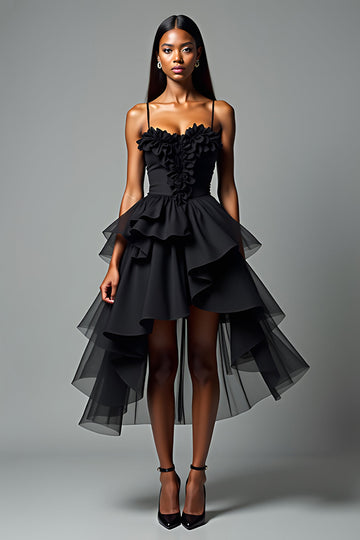 A Line Spaghetti Straps Volang Tiered Black Tie Klänning